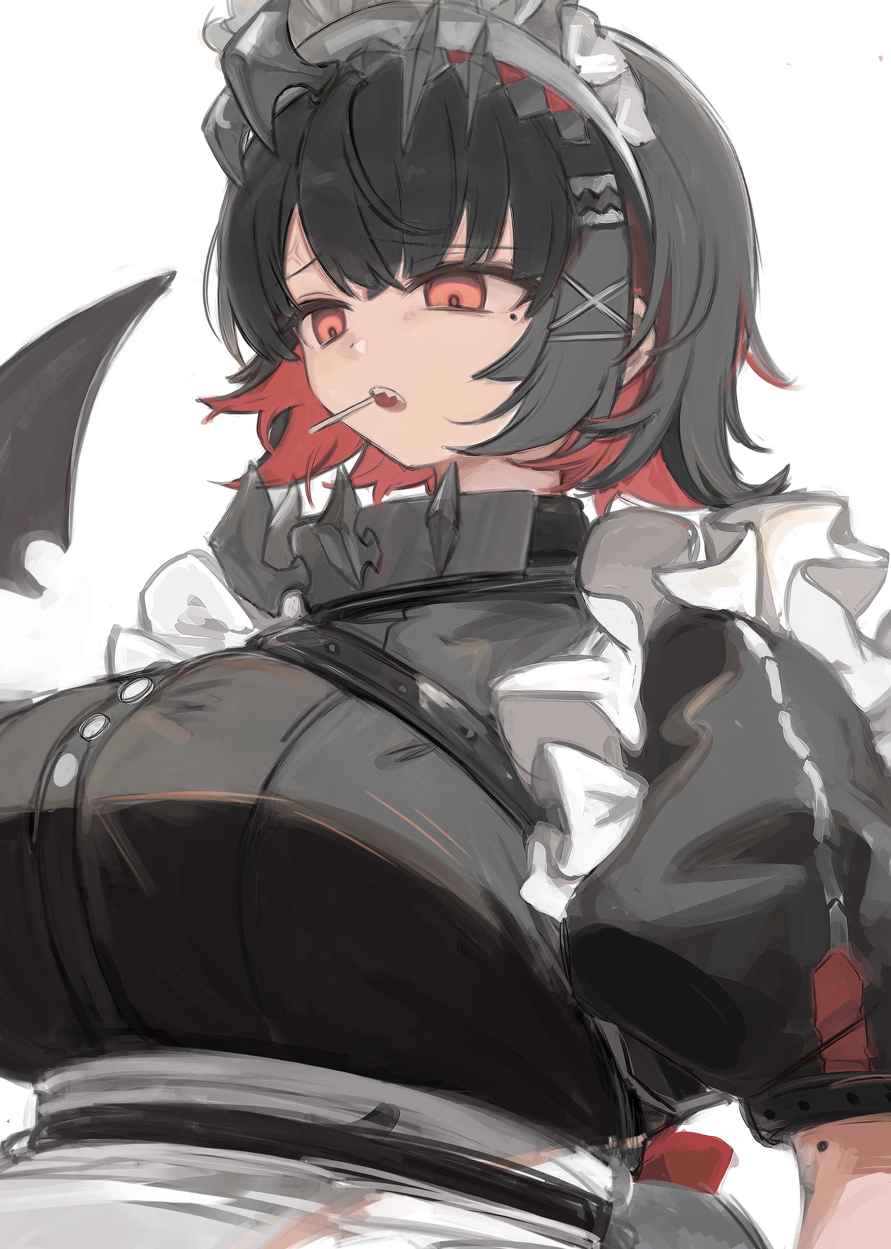 fuyu yafunu, ellen joe, zenless zone zero, absurdres, highres, 1girl, apron, black dress, black hair, breasts, candy, colored inner hair, dress, fins, fish tail, food, hair ornament, large breasts, lollipop, maid, maid headdress, mole, mole under eye, multicolored hair, red eyes, red hair, shark girl, shark tail, short hair, simple background, solo, tail, two-tone hair, white apron, white background