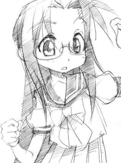 gofu, tamura hiyori, lucky star, traditional media, 00s, greyscale, monochrome, sketch, solo