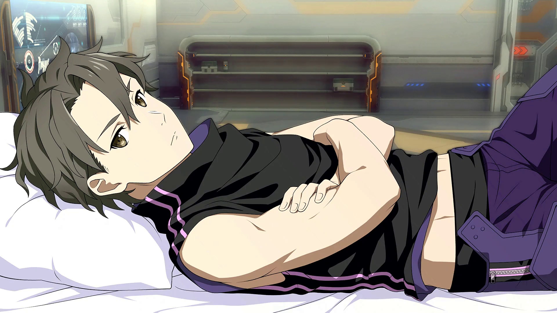 eiji (sao), sword art online, sword art online: fatal bullet, sword art online the movie: ordinal scale, artist request, game cg, highres, official art, third-party source, 1boy, bedroom, black shirt, blurry, blurry background, brown eyes, brown hair, crossed arms, head on pillow, hip bones, indoors, looking at viewer, lying, male focus, midriff peek, official alternate costume, on back, on bed, pants, pillow, purple pants, shelf, shirt, short hair, sleeveless, sleeveless shirt, solo