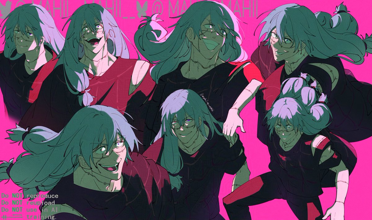 mahito (jujutsu kaisen), jujutsu kaisen, small pupils, 1boy, blue hair, closed mouth, clothing cutout, cowboy shot, crazy grin, evil grin, evil smile, grin, heterochromia, long hair, low-tied long hair, mahii mahii, male focus, multiple views, open mouth, pale skin, pink background, shaded face, shoulder cutout, smile, stitched arm, stitched face, stitched neck, stitched wrist, stitches, toned, toned male, tri tails