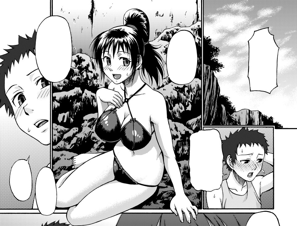 chiba toshirou, 1boy, 1girl, bikini, blank speech bubble, breasts, cleavage, greyscale, monochrome, speech bubble, swimsuit