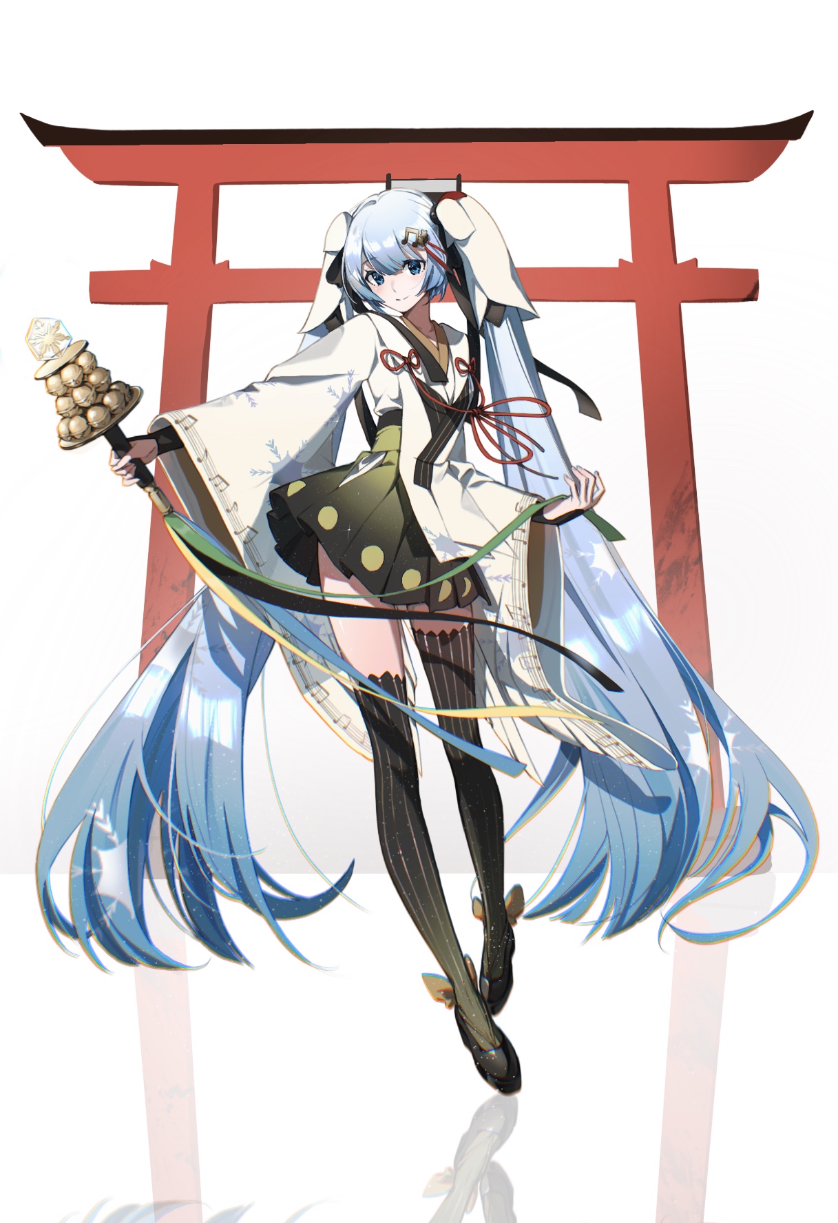 hatsune miku, yuki miku, yuki miku (2018), vocaloid, highres, 1girl, aqua eyes, aqua hair, bell, black skirt, black thighhighs, chihaya (clothing), closed mouth, evangeline0 0, fortissimo, hair ornament, holding, holding bell, japanese clothes, jingle bell, kagura suzu, long hair, long sleeves, looking at viewer, musical note, musical note hair ornament, musical note print, musical staff, musical staff print, official alternate costume, official alternate hairstyle, pleated skirt, simple background, skirt, smile, solo, striped clothes, striped thighhighs, thighhighs, torii, very long hair, white background, wide sleeves