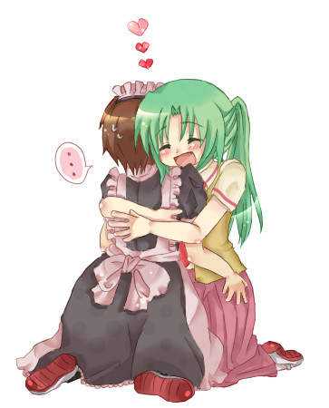 kusunoki kotori, maebara keiichi, sonozaki mion, higurashi no naku koro ni, lowres, 00s, 1boy, 1girl, couple, crossdressing, green hair, hetero, hug, ponytail