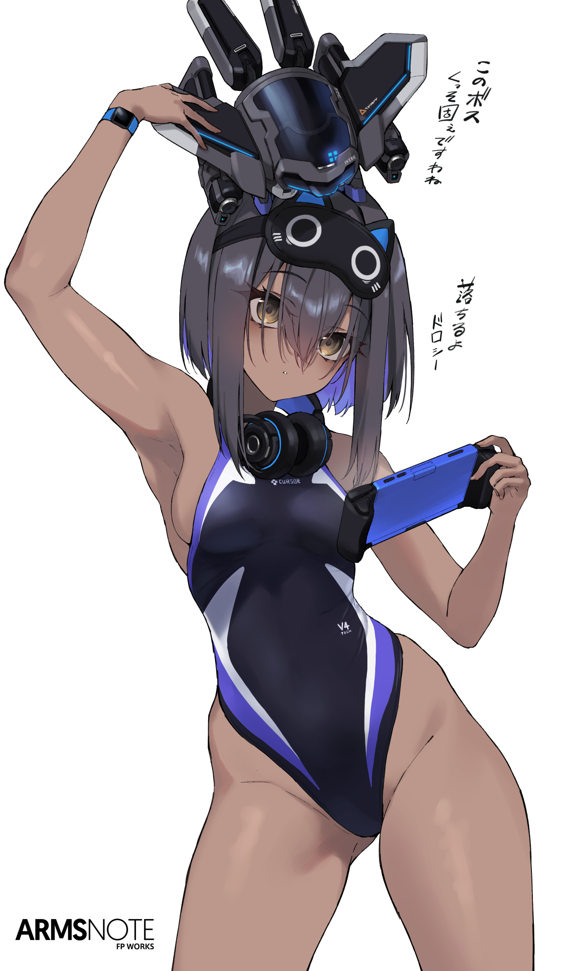fukai ryosuke, arms note, commentary, highres, 1girl, black one-piece swimsuit, blue one-piece swimsuit, breasts, cat mask, competition swimsuit, copyright name, dark-skinned female, dark skin, grey hair, handheld game console, headphones, headphones around neck, holding, holding handheld game console, looking at viewer, mask, mask on head, multicolored one-piece swimsuit, one-piece swimsuit, robot, short hair, simple background, sleep mask, solo, swimming club gamer-chan (fukai ryosuke), swimsuit, white background
