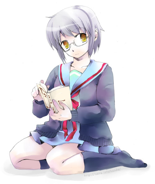 kazuha (artist), kazuha (pinktips.info), nagato yuki, suzumiya haruhi no yuuutsu, 00s, 1girl, book, cardigan, female focus, grey hair, school uniform, serafuku, solo, yellow eyes