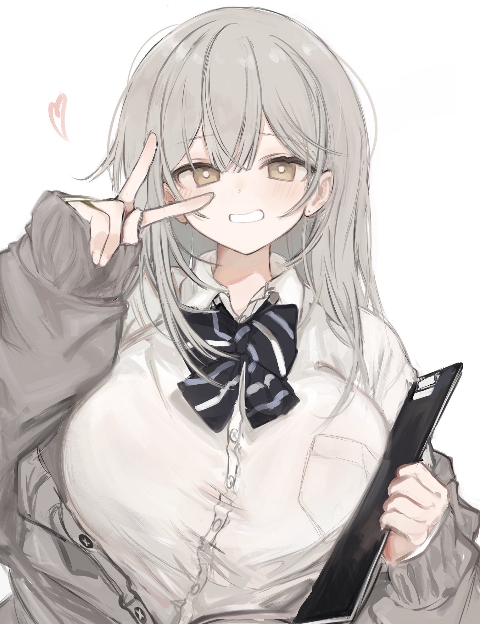 fuyu yafunu, original, commentary, highres, symbol-only commentary, 1girl, blush, bow, bowtie, breasts, brown cardigan, brown eyes, cardigan, collared shirt, grey hair, hair between eyes, heart, large breasts, long hair, long sleeves, looking at viewer, school uniform, shirt, simple background, sleeves past wrists, solo, striped bow, striped bowtie, striped clothes, teeth, upper body, v, white background, white shirt