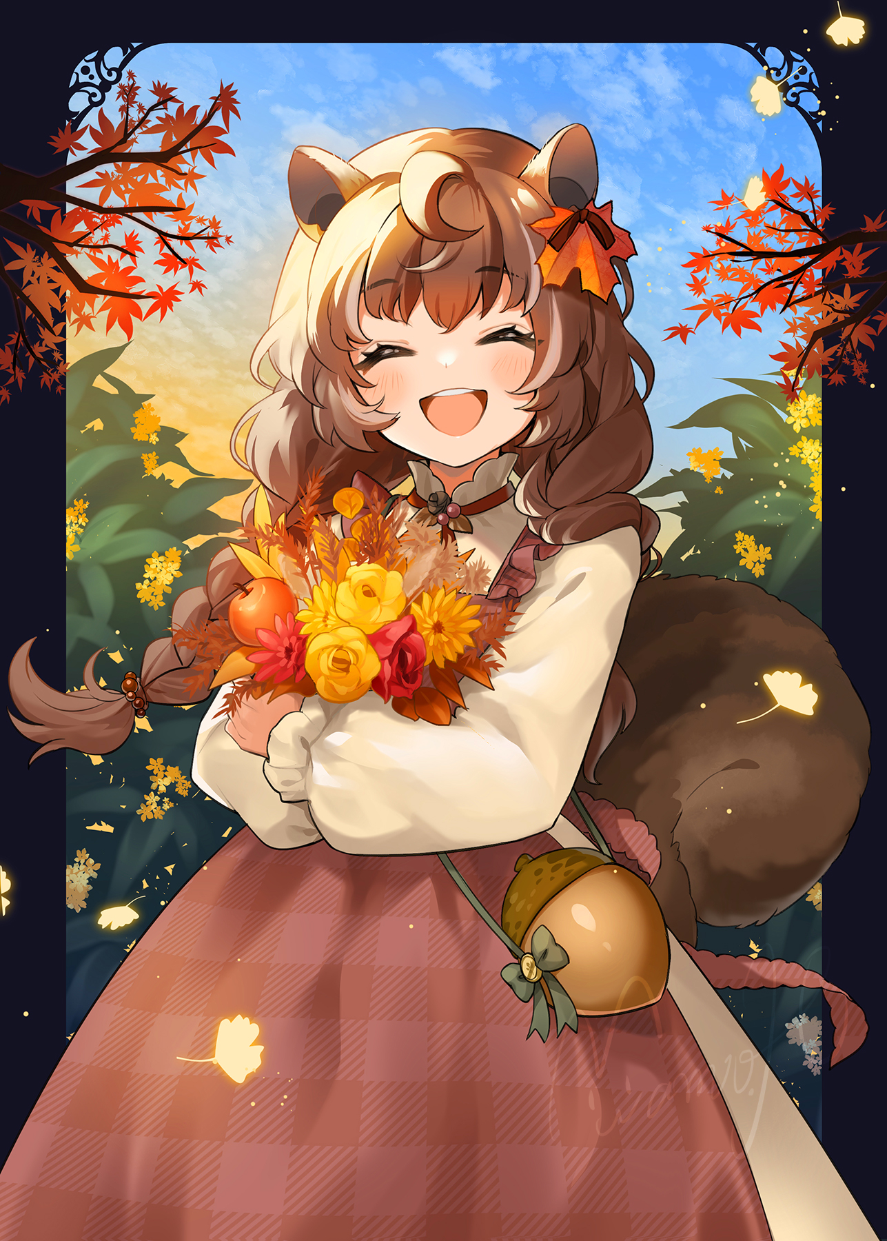 mamo (fortune-mm), original, commentary request, highres, 1girl, :d, ^ ^, acorn, ahoge, animal ears, apron, autumn, black border, blush, border, bouquet, brown hair, closed eyes, cowboy shot, day, dress, facing viewer, flower, hair ornament, holding, holding bouquet, leaf hair ornament, long hair, long sleeves, open mouth, outdoors, outside border, plaid apron, plaid clothes, raccoon ears, raccoon girl, raccoon tail, red apron, red flower, smile, solo, tail, white dress, yellow flower