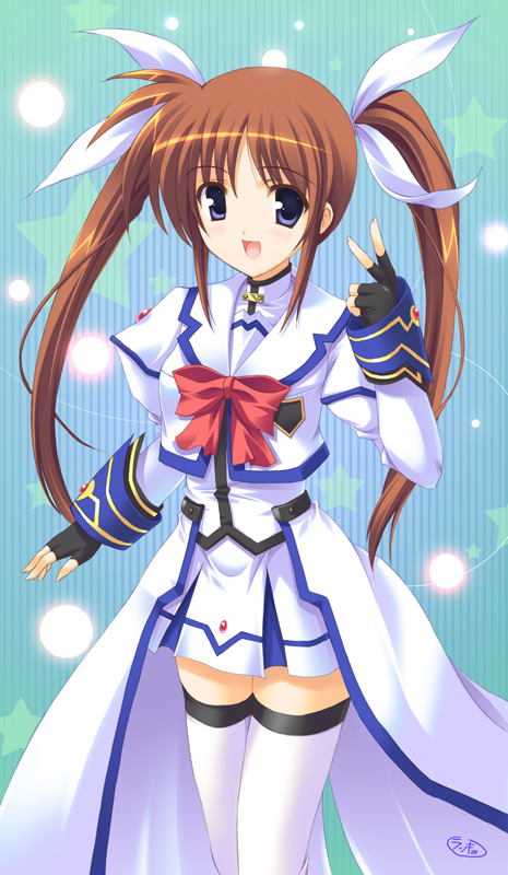 rakkyo, takamachi nanoha, lyrical nanoha, mahou shoujo lyrical nanoha, mahou shoujo lyrical nanoha strikers, 00s, 1girl, bow, brown hair, female focus, fingerless gloves, gloves, magical girl, purple eyes, red bow, red hair, solo, thighhighs, twintails, waist cape, zettai ryouiki