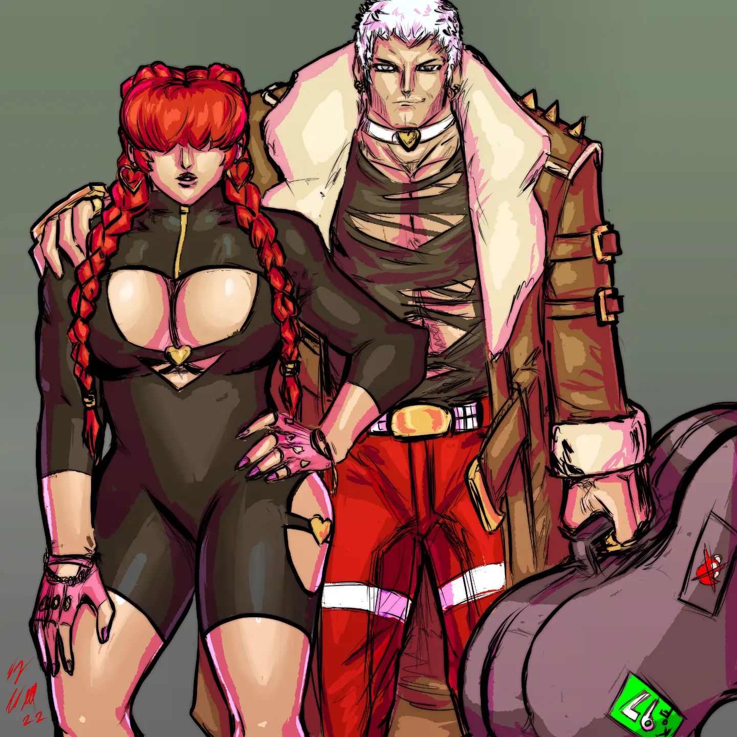 nanakase yashiro, shermie (kof), the king of fighters, 1girl, braid, braided ponytail, breasts, cleavage cutout, clothing cutout, curvy, female focus, gloves, hand on own hip, heart, huge breasts, jewelry, large breasts, long hair, pale skin, ponytail, red hair, skin tight, standing, taurence bell, thick thighs, thighs, tight clothes, twintails, wide hips