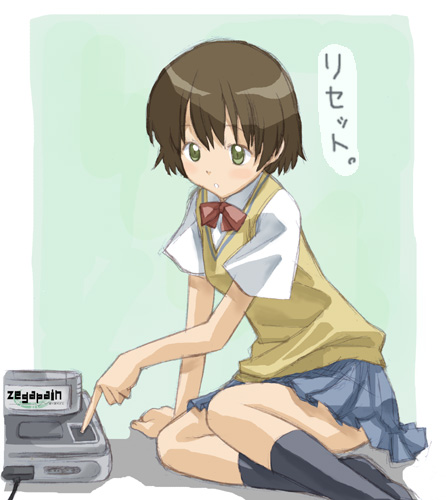 takano natsuki, kaminagi ryouko, nintendo, super famicom, zegapain, console, lowres, translated, 00s, 1girl, female focus, game console, school uniform, serafuku, solo, sweater, sweater vest, vest
