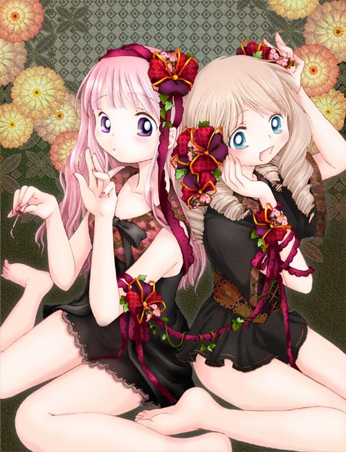 tsukiishi, original, 2girls, blonde hair, blue eyes, blush, goth fashion, long hair, multiple girls, nail polish, pink hair, pink nails, purple eyes