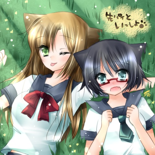 soumoto mina, lowres, 2girls, animal ears, cat ears, multiple girls