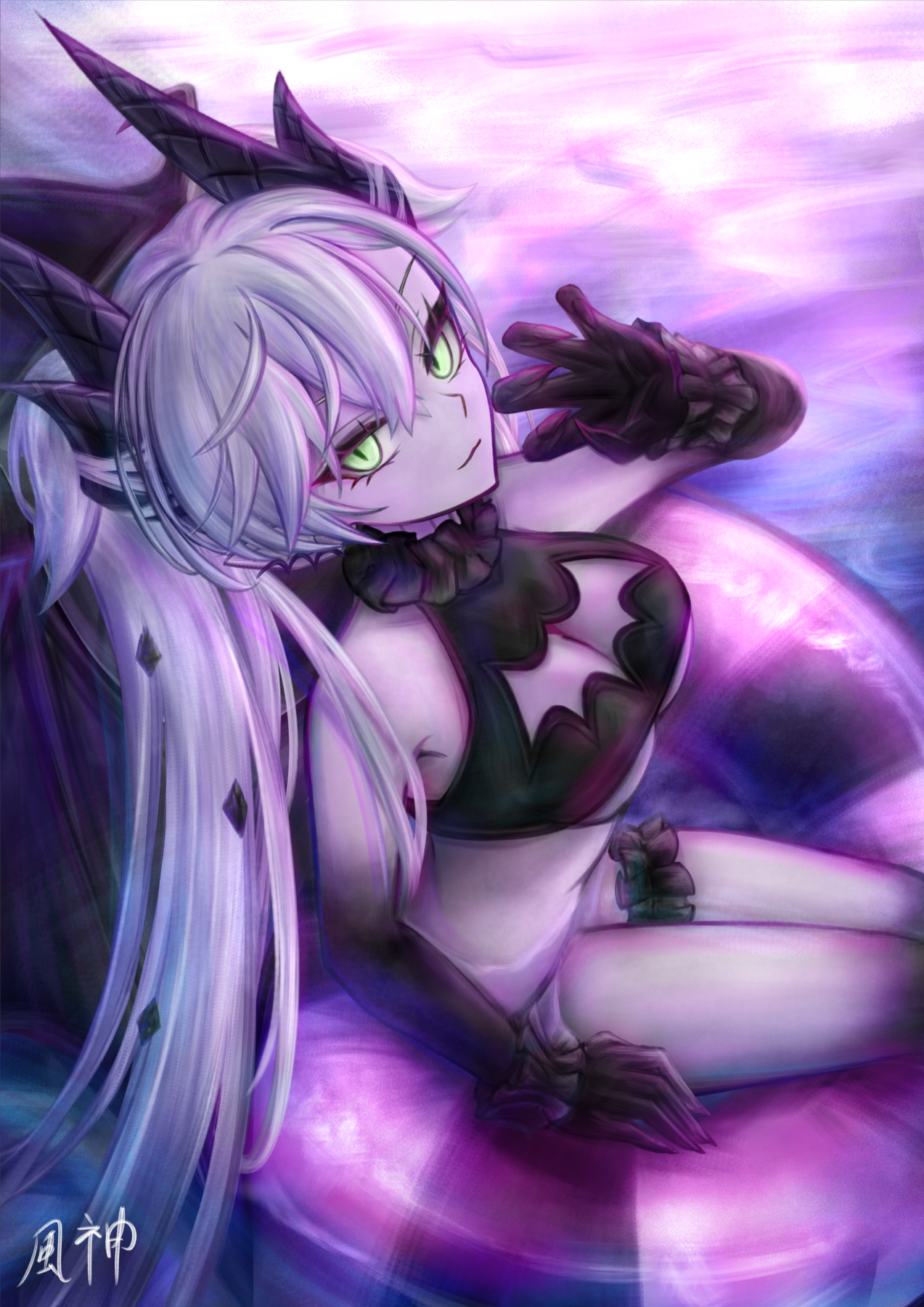 fuugami, lilith (fate), fate/grand order, fate (series), highres, 1girl, bare shoulders, bikini, black bikini, black hands, breasts, cleavage, colored extremities, crossed bangs, demon girl, demon horns, demon wings, green eyes, grey hair, hair between eyes, horns, innertube, lilith (stormy night) (fate), long hair, looking at viewer, medium breasts, pointy ears, smile, solo, swim ring, swimsuit, thighs, twintails, very long hair, wings