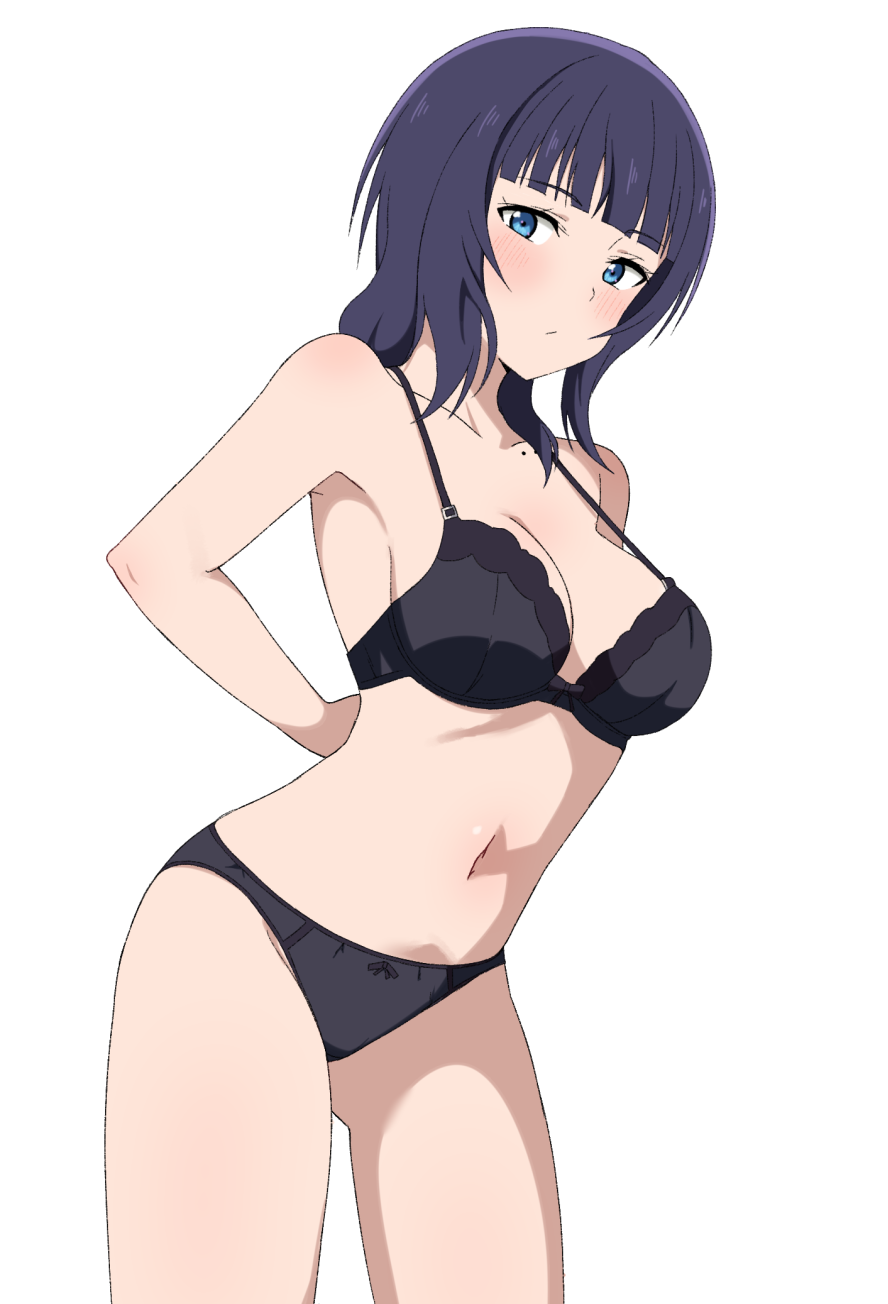 goa1126, asaka karin, love live!, love live! nijigasaki high school idol club, highres, 1girl, black bra, black panties, blue eyes, blush, bra, breasts, collarbone, looking at viewer, medium breasts, medium hair, mole, mole on collarbone, navel, panties, purple hair, simple background, solo, underwear, underwear only, white background