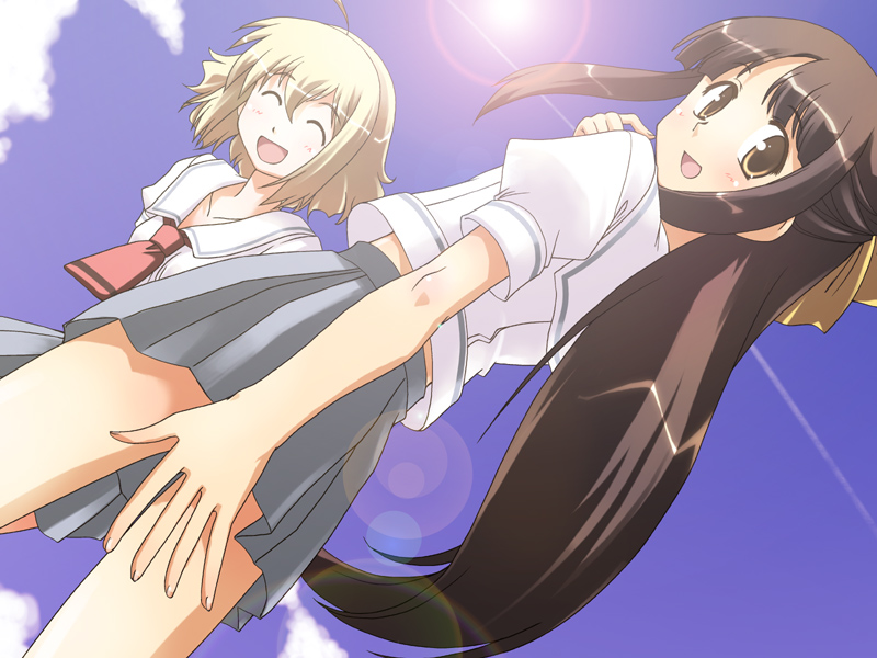 osamada meika, original, 2girls, :d, ^ ^, arms at sides, blonde hair, blue skirt, blue sky, blush, brown eyes, brown hair, closed eyes, day, dutch angle, long hair, multiple girls, open mouth, outdoors, pleated skirt, puffy short sleeves, puffy sleeves, school uniform, serafuku, shirt, short sleeves, skirt, sky, smile, standing, sun, sunlight, very long hair, white shirt