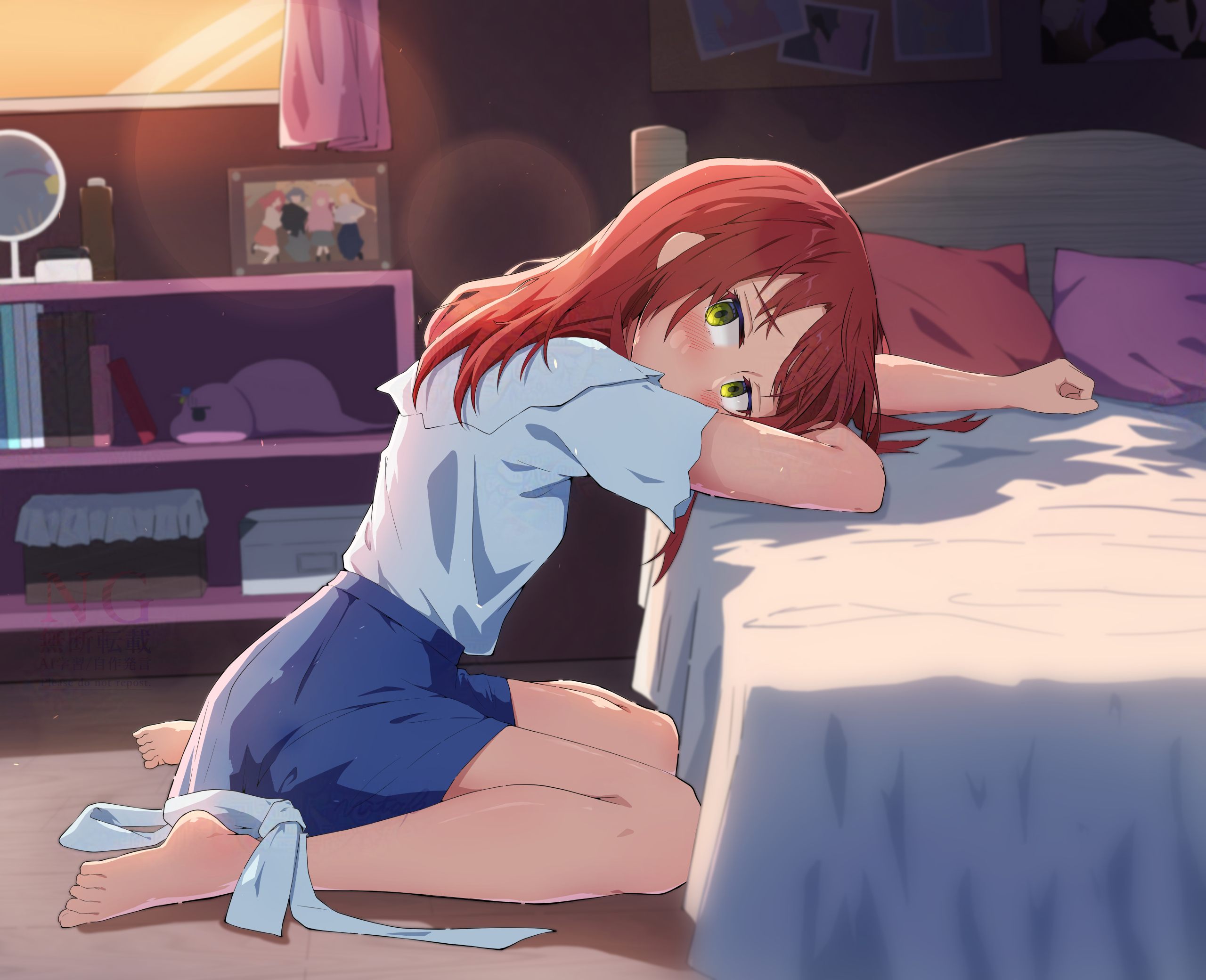 vbpicture, kita ikuyo, bocchi the rock!, commentary request, highres, 1girl, barefoot, bed, black shirt, black skirt, blush, full body, green eyes, head rest, indoors, lens flare, long hair, looking at viewer, on floor, picture frame, pillow, red hair, shelf, shirt, short sleeves, sitting, skirt, solo, wariza, watermark