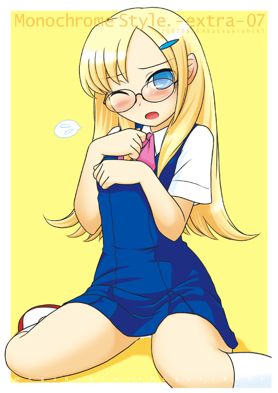 akatsuki (akatsukishiki), akatsuki (artist), original, 1girl, blonde hair, blue dress, blue eyes, blush, border, dress, female focus, glasses, kneehighs, long hair, looking at viewer, outside border, simple background, sitting, socks, solo, wariza, white socks, wince, yellow background