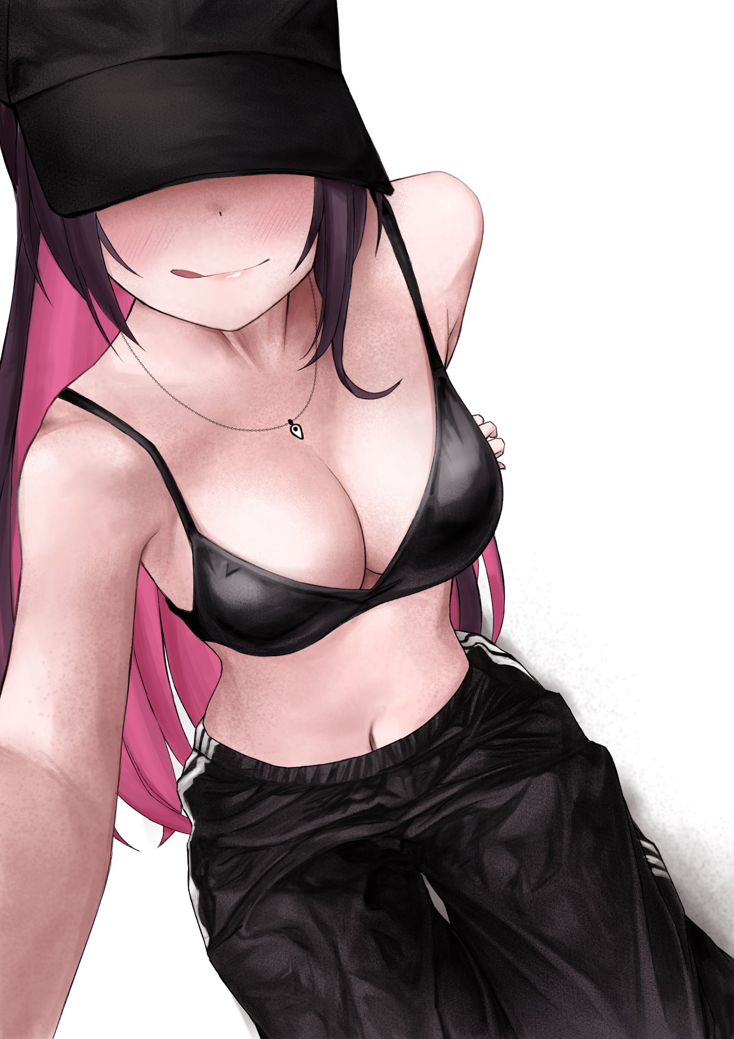 unmeidesu, azki (hololive), hololive, commentary, english commentary, highres, 1girl, baseball cap, black bra, black hair, black pants, bra, breasts, cleavage, colored inner hair, covered eyes, hat, hat over eyes, jewelry, large breasts, long hair, multicolored hair, navel, necklace, pants, pink hair, reaching, reaching towards viewer, simple background, sitting, smile, solo, tongue, tongue out, track pants, underwear, virtual youtuber