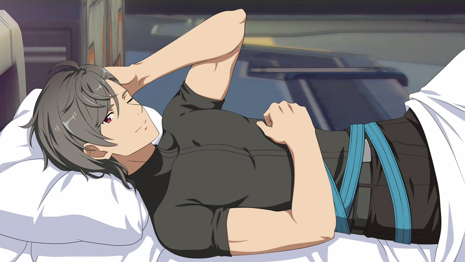 sword art online, sword art online: fatal bullet, artist request, game cg, highres, official art, third-party source, 1boy, belt, black pants, black shirt, blue belt, grey hair, head on pillow, indoors, itsuki (sao), looking at viewer, male focus, multiple belts, on bed, one eye closed, pants, pillow, red eyes, shirt, short hair, solo, toned, toned male, under covers