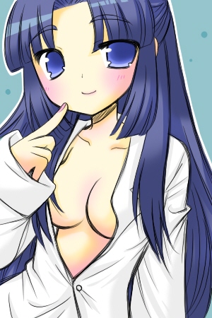 shudou rima, asakura ryoko, suzumiya haruhi no yuuutsu, lowres, 00s, 1girl, blue eyes, blue hair, blush, breasts, female focus, half updo, long hair, looking at viewer, matching hair/eyes, nail polish, open clothes, open shirt, shirt, solo