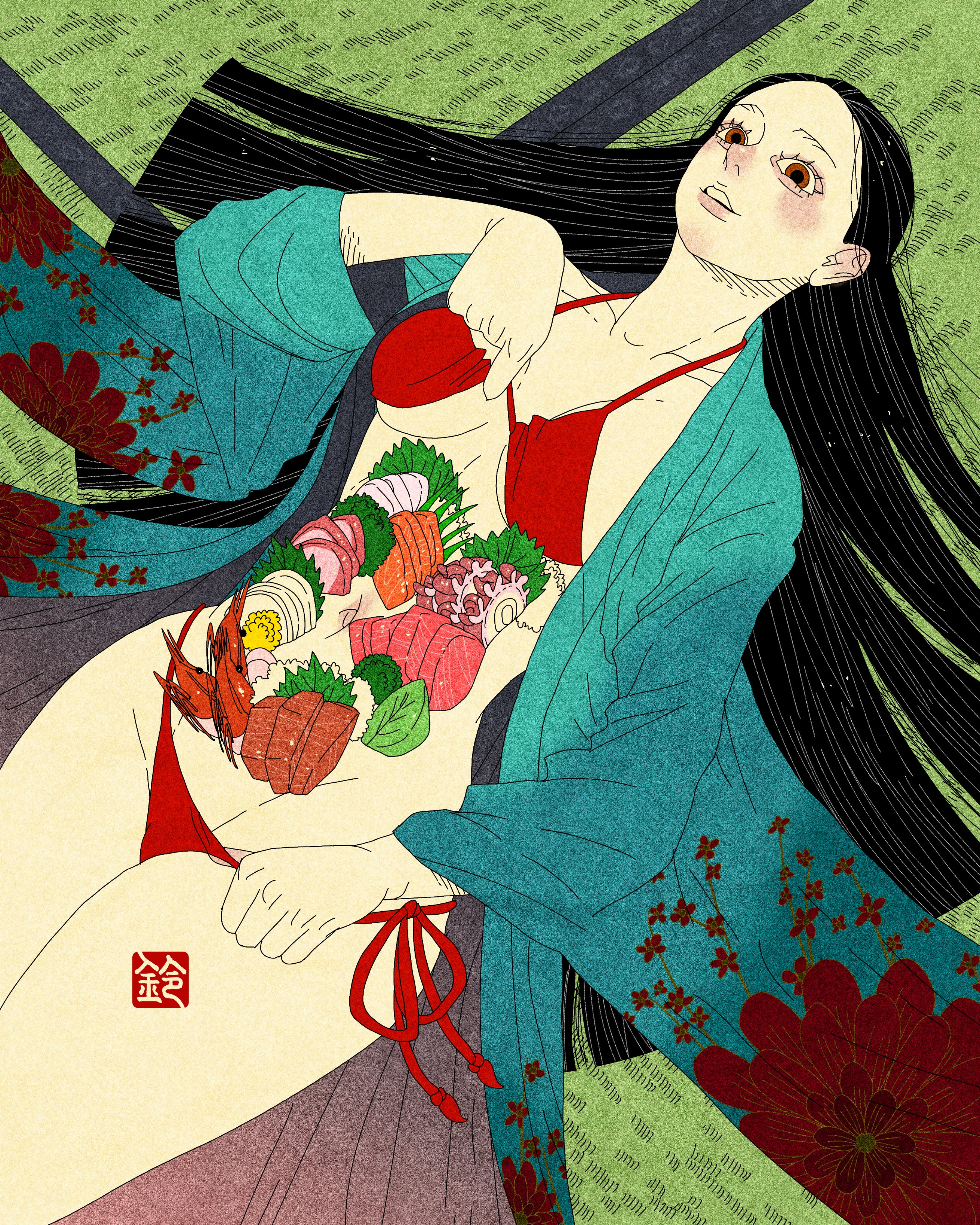 sei5osuzuki, original, absurdres, commentary, english commentary, highres, mixed-language commentary, 1girl, aqua kimono, artist logo, bikini, bikini bottom pull, bikini pull, bikini top pull, bikini under clothes, black hair, breasts, brown eyes, clothes pull, collarbone, floral print, floral print kimono, food, food on body, halterneck, japanese clothes, kimono, logo, long hair, lying, nyotaimori, on back, open clothes, open kimono, print kimono, red bikini, side-tie bikini bottom, solo, sushi, swimsuit