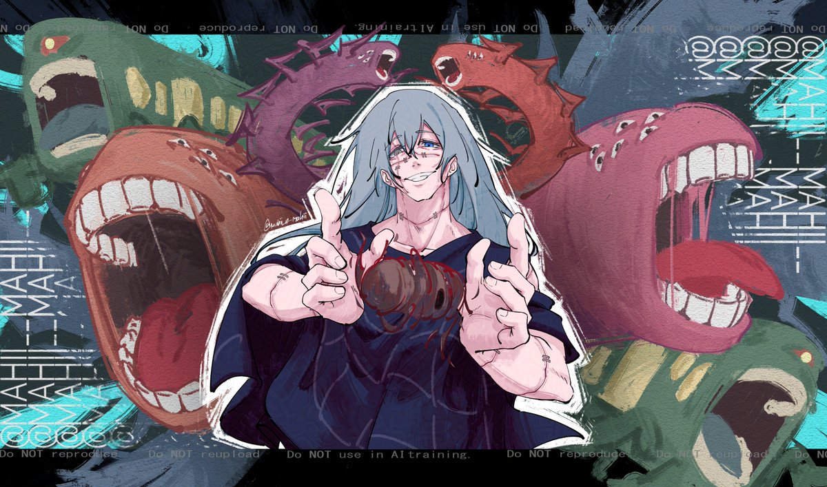mahito (jujutsu kaisen), jujutsu kaisen, 1boy, blue eyes, blue hair, bug, centipede, extra eyes, grey eyes, grin, heterochromia, long hair, mahii mahii, male focus, monster, smile, stitched arm, stitched face, stitched neck, stitched wrist, stitches, teeth, tongue, tongue out, transfigured human (jujutsu kaisen), upper body