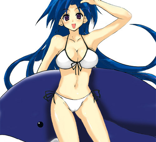 kobunshi, original, lowres, 1girl, arm up, bikini, blue hair, breasts, cleavage, female focus, large breasts, long hair, side-tie bikini bottom, simple background, solo, swimsuit, very long hair, white background, white bikini