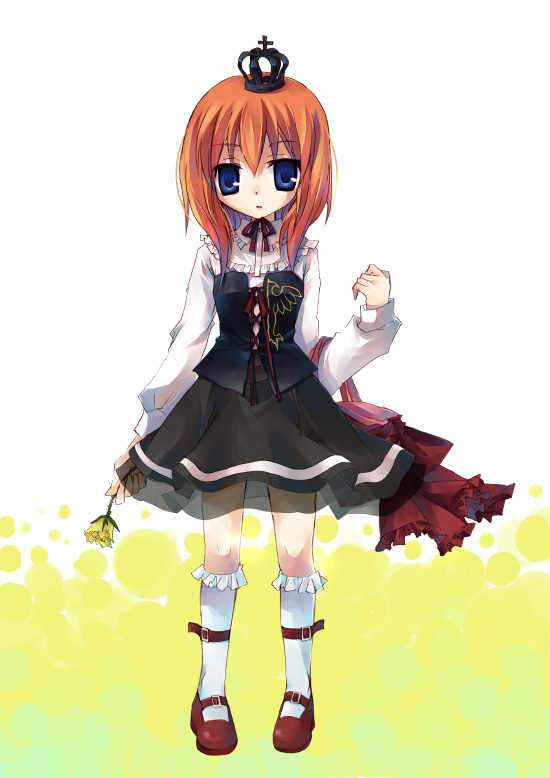 suzushiro kurumi, ushiromiya maria, umineko no naku koro ni, 00s, 1girl, blue eyes, female focus, flower, orange hair, red shoes, shoes, socks, solo