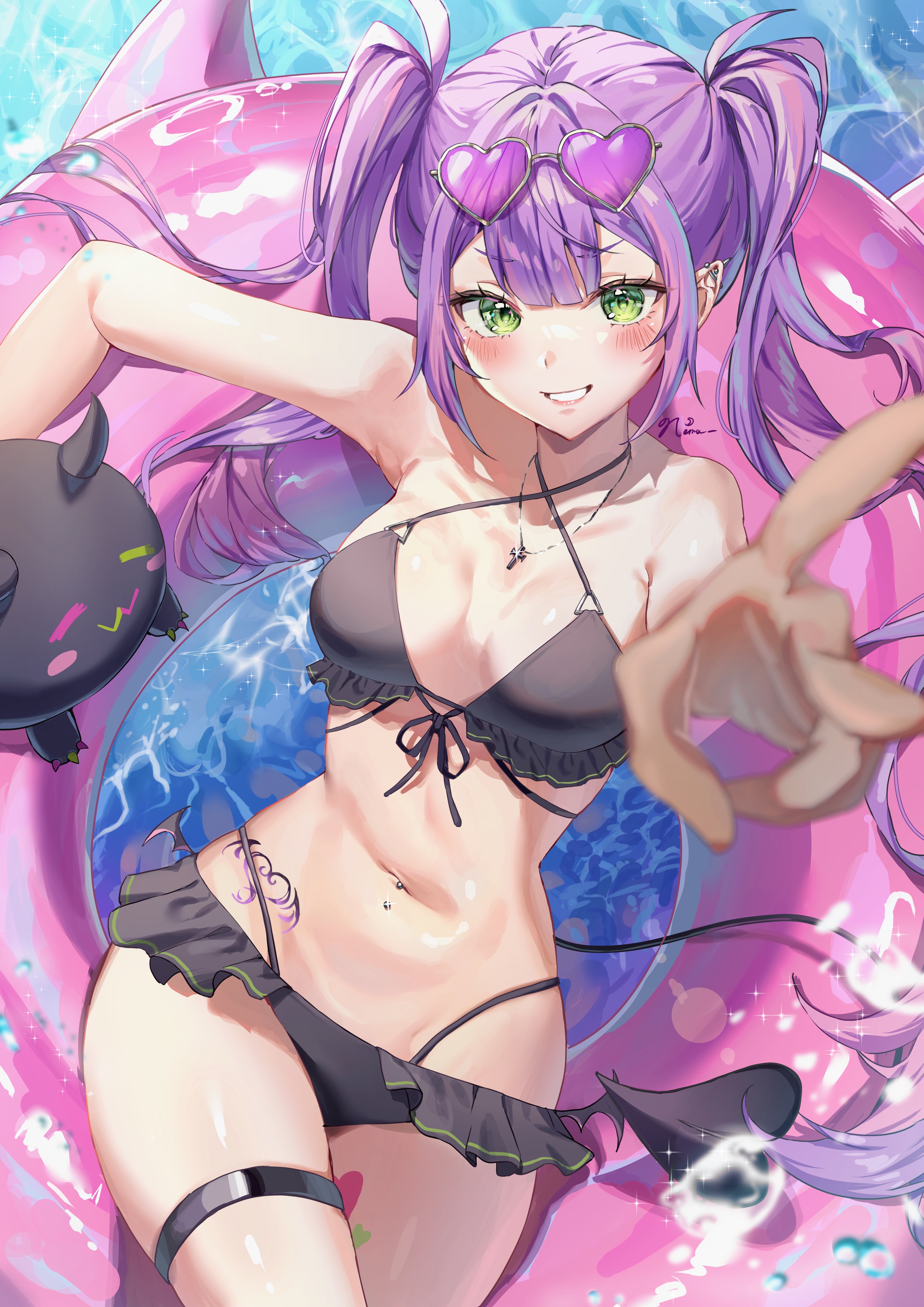 yoitsuki nema, bibi (tokoyami towa), tokoyami towa, hololive, absurdres, hashtag-only commentary, highres, 1girl, bikini, black bikini, blush, breasts, criss-cross halter, demon girl, demon tail, eyewear on head, frilled bikini, frills, green eyes, grin, halterneck, heart, heart-shaped eyewear, hip tattoo, long hair, looking at viewer, medium breasts, navel, navel piercing, on innertube, outstretched arm, piercing, pointy ears, purple-tinted eyewear, purple hair, purple innertube, reaching, reaching towards viewer, smile, stomach, swimsuit, tail, tattoo, teeth, thigh strap, tinted eyewear, twintails, v, virtual youtuber, water, winged heart, winged heart tattoo