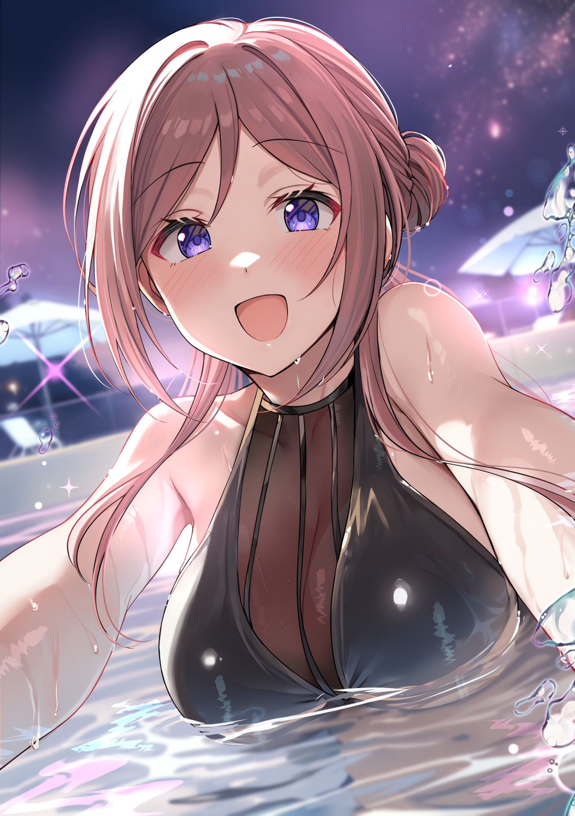 shiitake taishi, himesaki rinami, gakuen idolmaster, idolmaster, commentary request, highres, 1girl, :d, alternate costume, bare shoulders, bikini, black bikini, blue eyes, blush, breasts, brown hair, hair between eyes, hair bun, large breasts, long hair, looking at viewer, navel, night, night sky, open mouth, outdoors, partially submerged, single hair bun, sky, smile, solo, stomach, swimsuit, tongue, water, wet