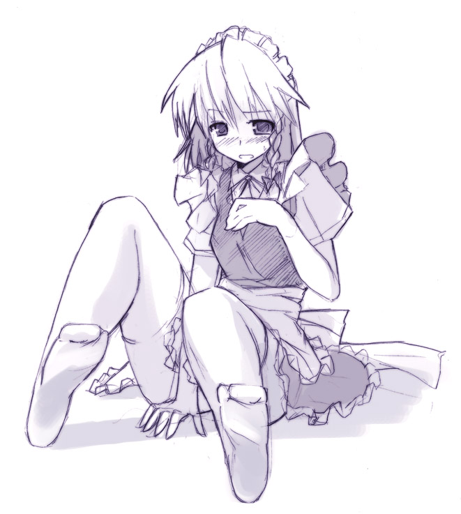 seo tatsuya, izayoi sakuya, touhou, 1girl, feet, female focus, monochrome, purple theme, solo, thighhighs