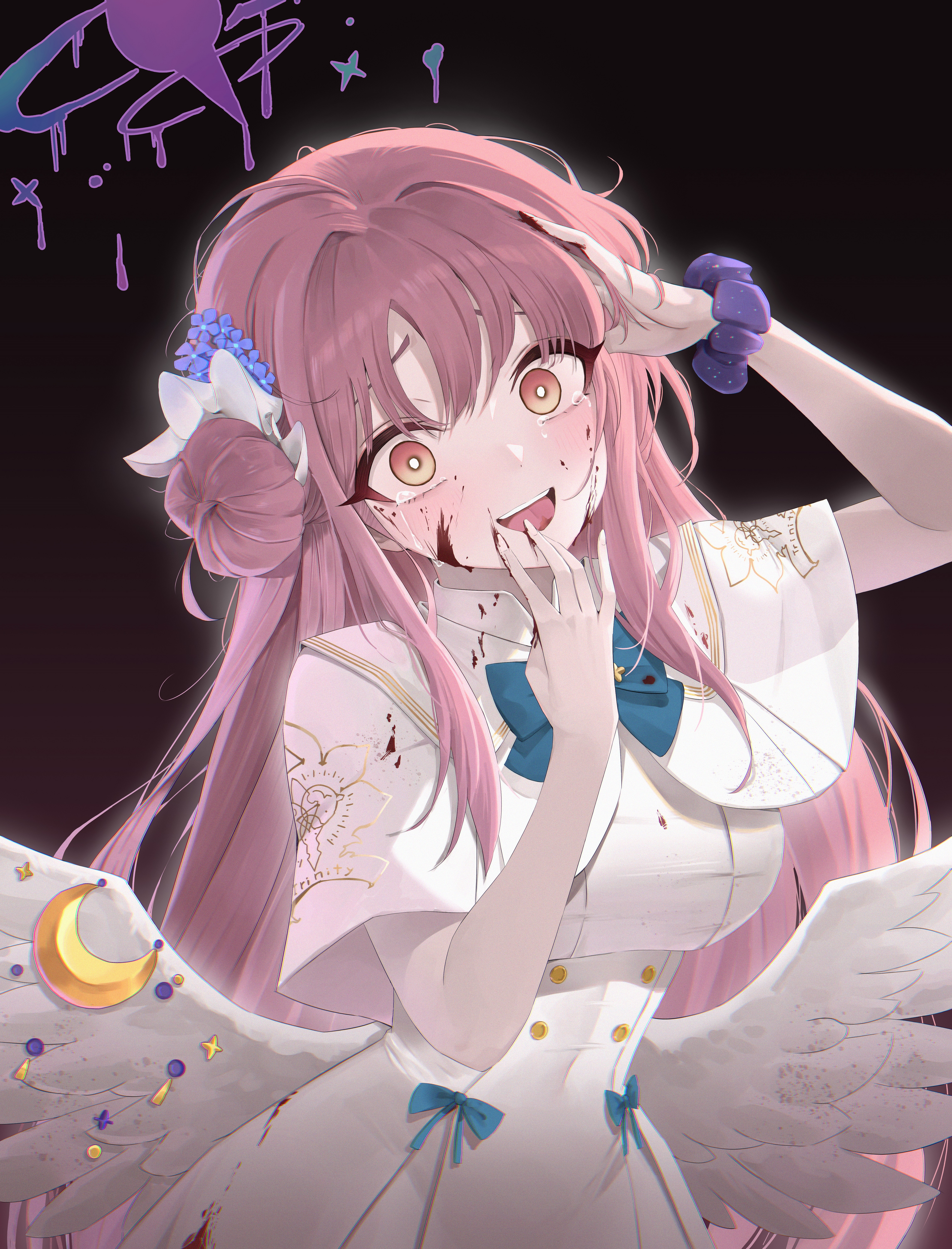 fathertrex, mika (blue archive), blue archive, absurdres, highres, 1girl, blood, blood on face, blue bow, blue flower, bow, capelet, crazy eyes, crying, crying with eyes open, flower, hair bun, hair flower, hair ornament, hair scrunchie, halo, hand in own hair, hand to own mouth, long hair, looking at viewer, open mouth, pink hair, purple halo, purple scrunchie, scrunchie, single side bun, solo, tears, teeth, upper teeth only, white capelet, white scrunchie, white wings, wings, wrist scrunchie, yellow eyes