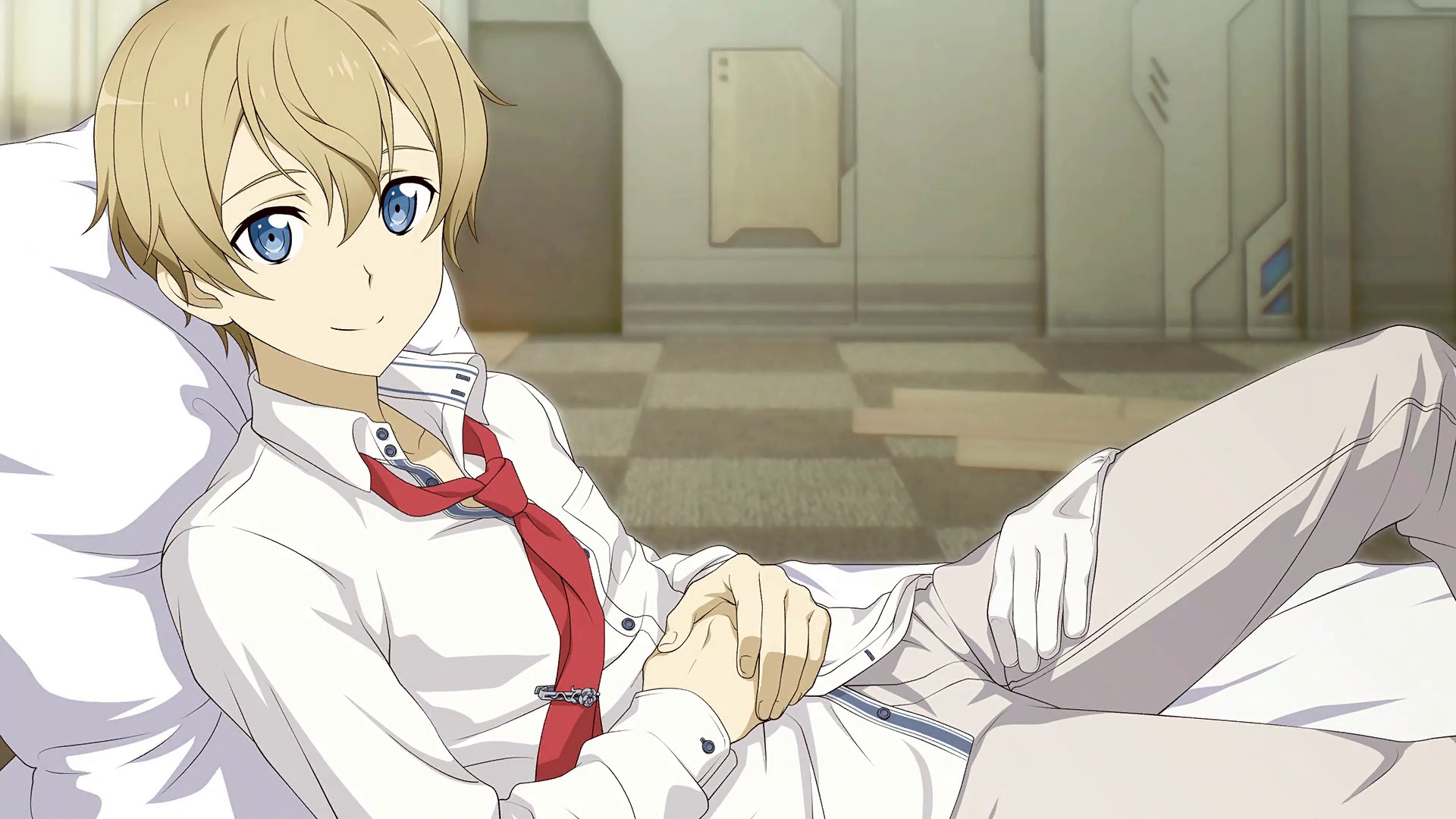 eugeo, sword art online, sword art online: alicization, sword art online: fatal bullet, artist request, game cg, highres, official art, third-party source, 1boy, bedroom, blue eyes, blurry, blurry background, gloves, indoors, looking at viewer, lying, male focus, necktie, on back, on bed, pants, pillow, red necktie, shirt, short hair, smile, solo, unworn gloves, white gloves, white pants, white shirt