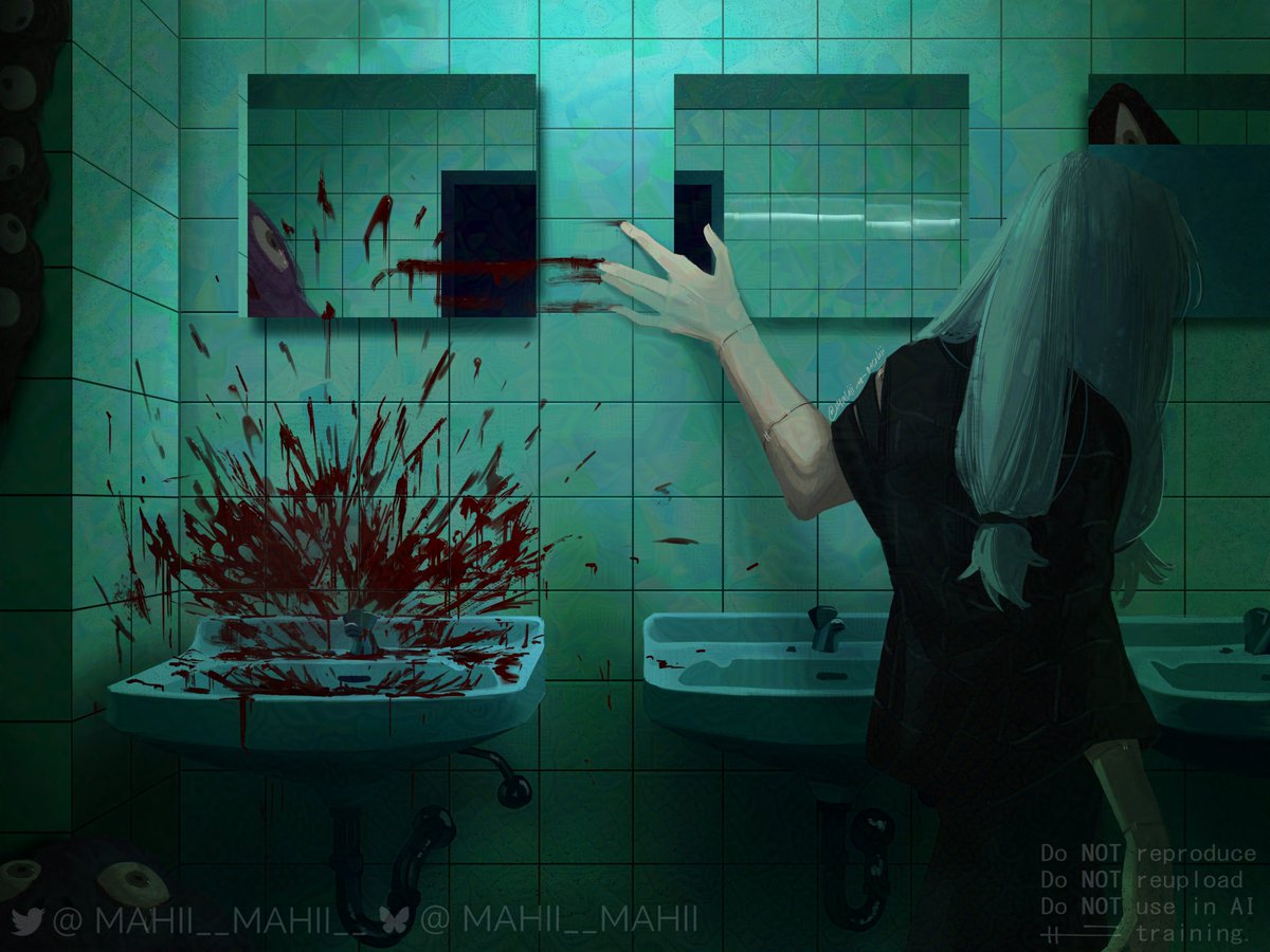 mahito (jujutsu kaisen), jujutsu kaisen, 1boy, artist name, bathroom, blood, blood splatter, blue hair, bluesky username, extra eyes, long hair, low-tied long hair, mahii mahii, mirror, monster, short sleeves, signature, sink, stitched arm, stitched wrist, stitches, tile wall, tiles, twitter username, water