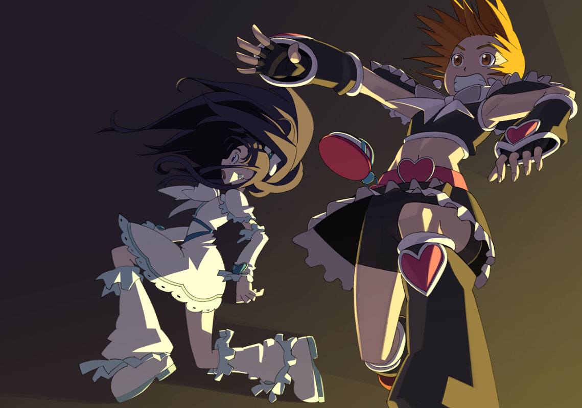 go robots, cure black, cure white, misumi nagisa, yukishiro honoka, futari wa precure, precure, black footwear, white footwear, 00s, 2girls, :o, belt, bike shorts, black hair, boots, bow, brown eyes, brown hair, clenched teeth, dress, fingerless gloves, frills, gloves, heart, knee boots, long hair, midriff, multiple girls, ribbon, short hair, shorts under skirt, teeth
