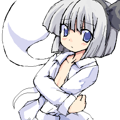 ryokushiki (midori-ya), konpaku youmu, konpaku youmu (ghost), touhou, lowres, 1girl, black ribbon, blue eyes, blunt bangs, collarbone, female focus, grey hair, hair ribbon, hitodama, long sleeves, looking at viewer, oekaki, open clothes, ribbon, shirt, short hair, simple background, solo, white background, white shirt