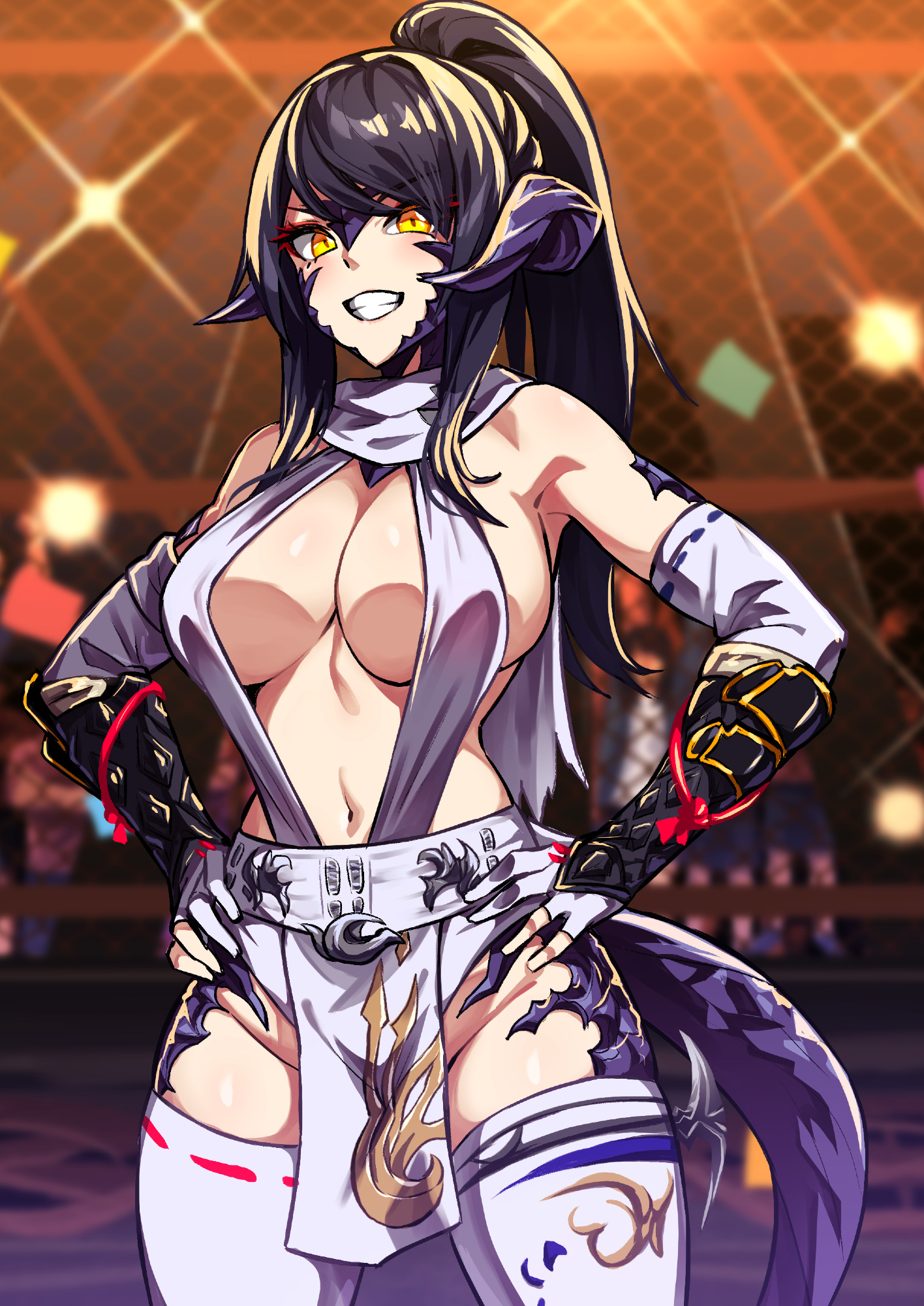samael (5211), sapphira nyx, warrior of light (ff14), final fantasy, final fantasy xiv, commission, highres, second-party source, 1girl, armpits, au ra, black hair, breasts, brown eyes, chain-link fence, cleavage, crowd, dragon horns, dragon tail, eyebrows hidden by hair, fence, grin, groin, hair between eyes, hair over one eye, hands on own hips, horns, kunoichi day, large breasts, long hair, looking at viewer, midriff, navel, open mouth, ponytail, smile, solo, tail, teeth, thighhighs, vambraces, white thighhighs, wrestling ring