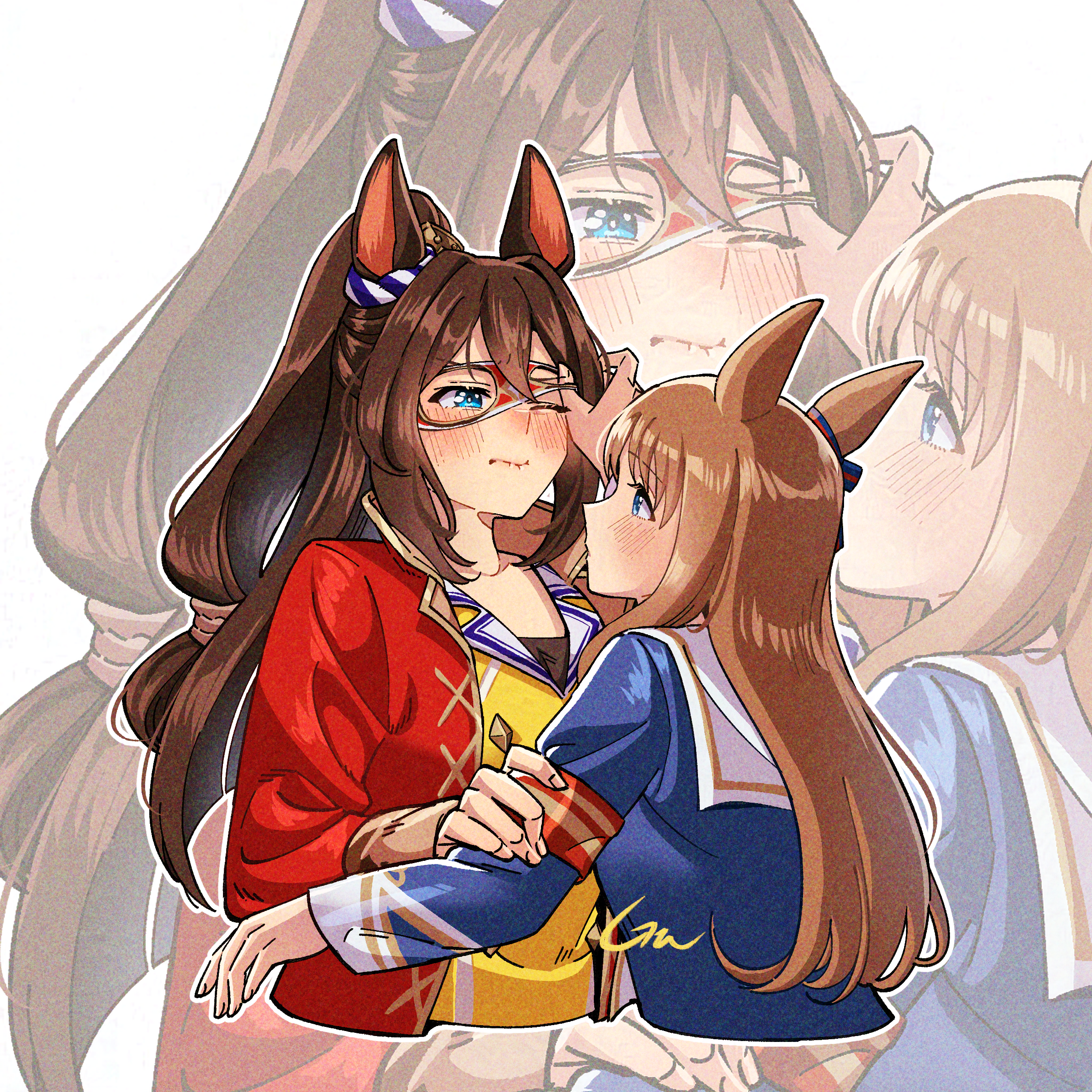 gaman, el condor pasa (umamusume), grass wonder (umamusume), umamusume, absurdres, commentary request, highres, 2girls, animal ears, armband, black hair, blue eyes, blue shirt, blush, brown hair, closed mouth, domino mask, ear scrunchie, eye mask, horse ears, horse girl, jacket, lifting another's clothes, long hair, looking at another, mask, mask lift, multiple girls, one eye closed, open clothes, open jacket, outline, red armband, red jacket, sailor collar, shirt, white outline, white sailor collar, yellow shirt, zoom layer