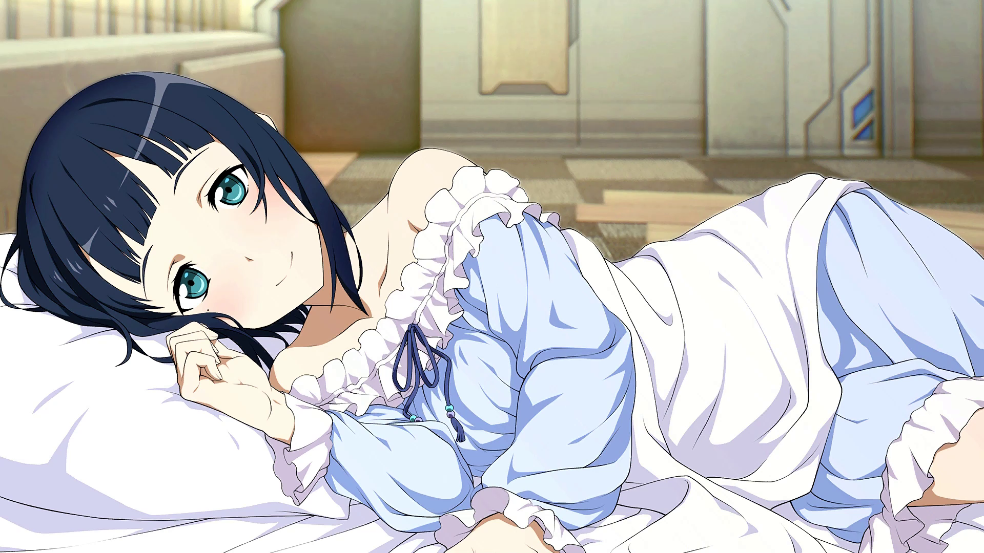 sachi (sao), sword art online, sword art online: fatal bullet, artist request, game cg, highres, official art, third-party source, 1girl, aqua eyes, bare shoulders, bedroom, blue hair, blue nightgown, blunt bangs, blurry, blurry background, breasts, dress, head on pillow, indoors, looking at viewer, lying, medium breasts, mole, mole under eye, nightgown, off-shoulder dress, off shoulder, official alternate costume, on bed, on side, pillow, short hair, smile, solo, under covers