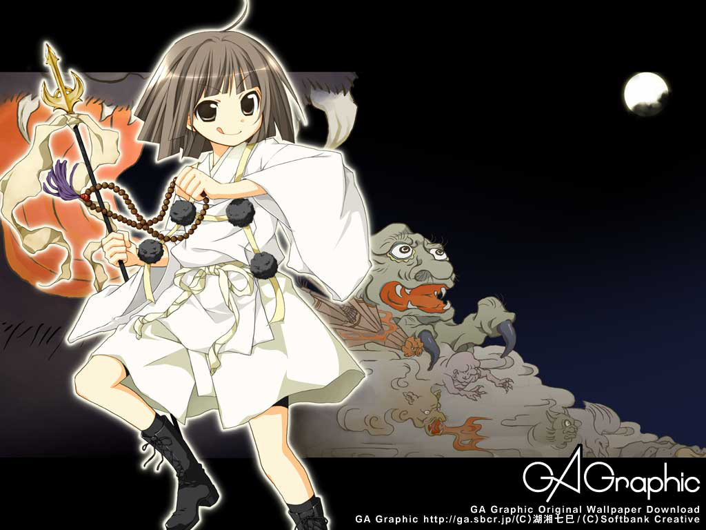 koshou shichimi, gagraphic, 1girl, black socks, brown eyes, brown hair, dress, female focus, full moon, kneehighs, letterboxed, looking at viewer, moon, pom pom (clothes), socks, solo, standing, white dress
