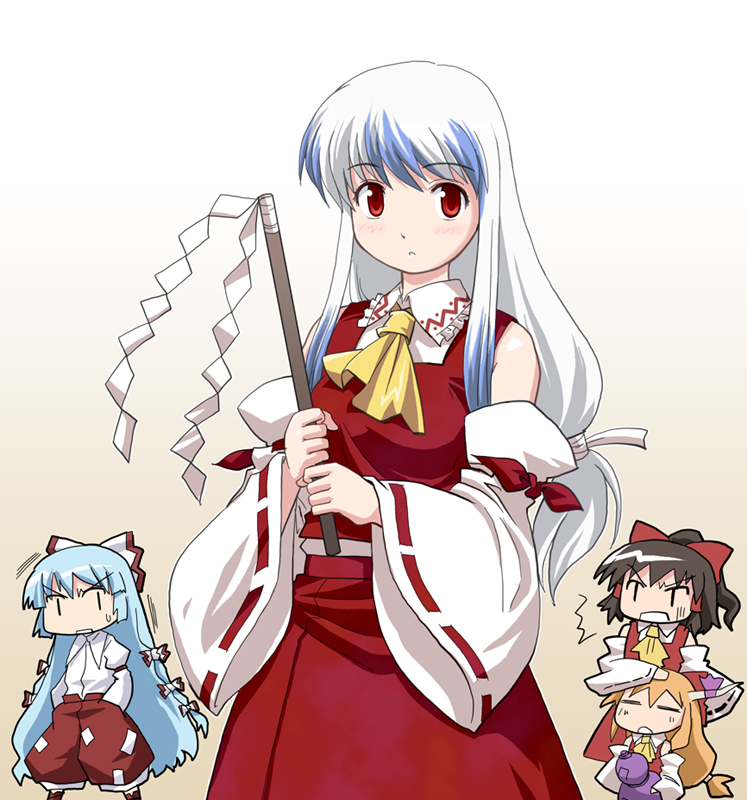 haniwa, haniwa (leaf garden), fujiwara no mokou, hakurei reimu, ibuki suika, kamishirasawa keine, touhou, 4girls, ^^^, cosplay, female focus, gohei, hakurei reimu (cosplay), japanese clothes, long hair, low-tied long hair, miko, multi-tied hair, multiple girls, shaded face, very long hair, | |