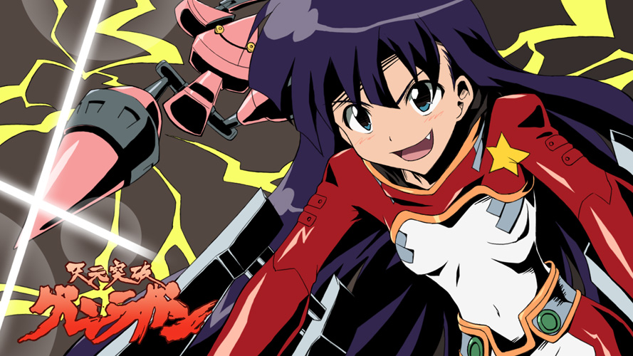 kiyal bachika, kiyalunga, tengen toppa gurren lagann, 00s, aqua eyes, blue hair, blush, bodysuit, fang, flat chest, long hair, mecha, purple hair, robot, solo