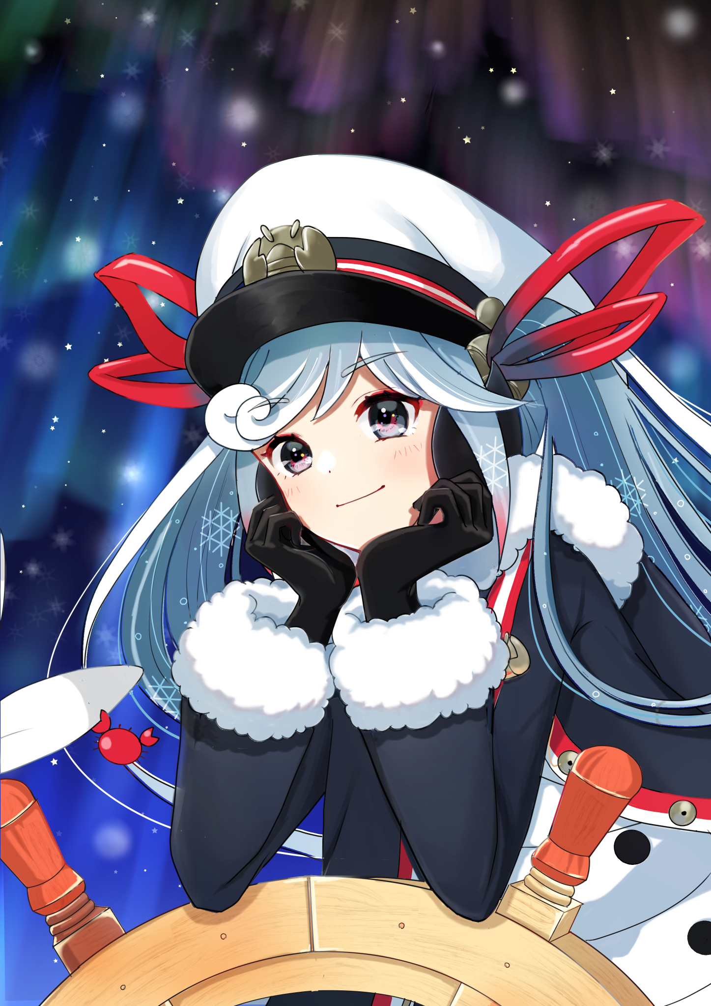 mofmama, hatsune miku, yuki miku, yuki miku (2022), vocaloid, highres, 1girl, aqua hair, black coat, black eyes, closed mouth, coat, fur-trimmed coat, fur-trimmed sleeves, fur trim, hands on own cheeks, hands on own face, hat, long hair, multicolored hair, official alternate costume, official alternate hairstyle, peaked cap, red hair, ship's wheel, smile, snowflake print, solo, twintails, upper body, very long hair