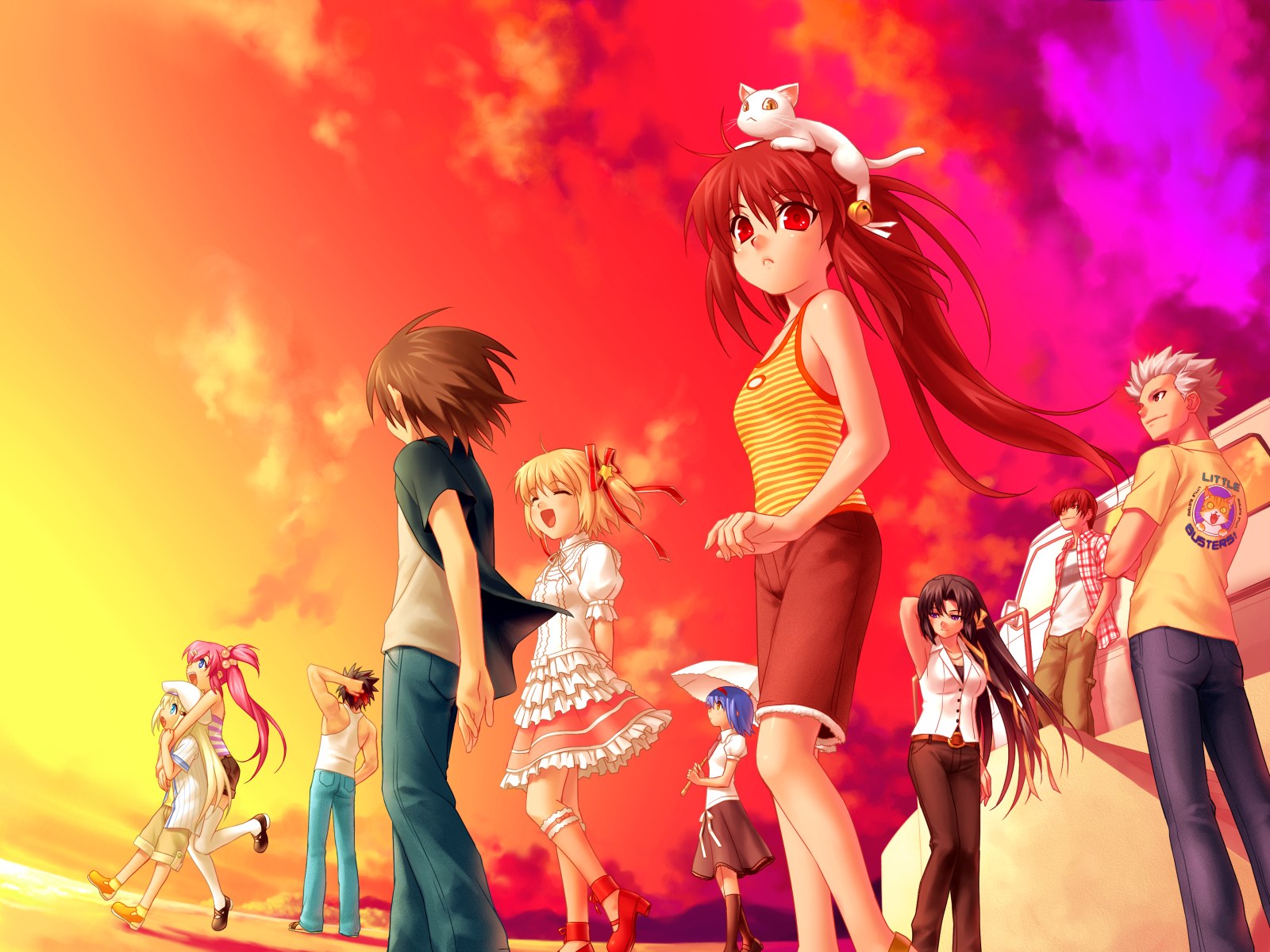 zen, inohara masato, kamikita komari, kurugaya yuiko, miyazawa kengo, naoe riki, natsume kyousuke, natsume rin, nishizono mio, noumi kudryavka, saigusa haruka, little busters!, highres, 4boys, 6+girls, blonde hair, cat, everyone, multiple boys, multiple girls, sky, thighhighs