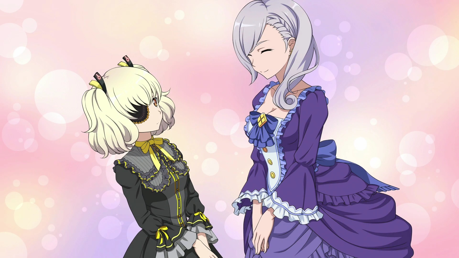 zeliska, sword art online, sword art online: fatal bullet, artist request, game cg, highres, official art, third-party source, 2girls, android, aristocratic clothes, black dress, blonde hair, blue bow, blue trim, bob cut, bow, braid, breasts, cleavage, cowboy shot, daisy (sao), dress, earrings, eyepatch, gradient background, grey hair, jewelry, long hair, medium breasts, multiple girls, official alternate costume, orange eyes, purple dress, side braid, small breasts, smile, victorian, yellow bow, yellow trim