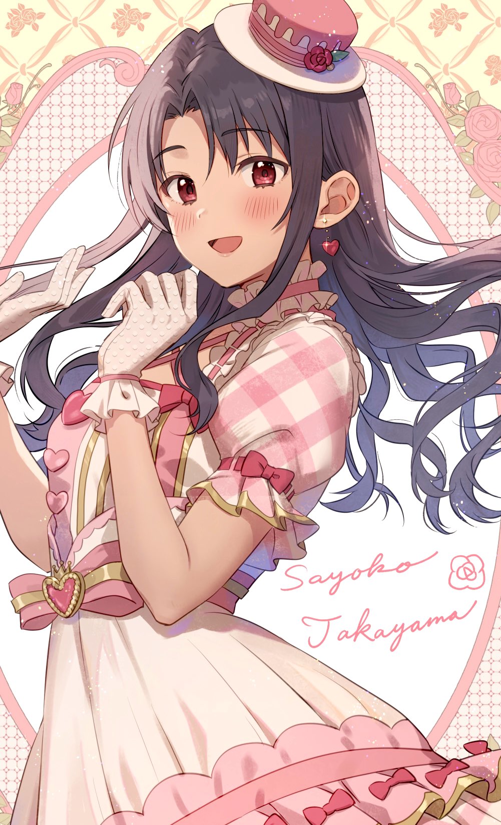 emu (emum), takayama sayoko, idolmaster, idolmaster million live!, idolmaster million live! theater days, commentary, highres, symbol-only commentary, 1girl, black hair, blush, character name, dress, earrings, gloves, hands up, hat, heart, heart earrings, jewelry, long hair, looking at viewer, mini hat, no eyewear, open mouth, puffy short sleeves, puffy sleeves, red eyes, short sleeves, smile, solo, white gloves