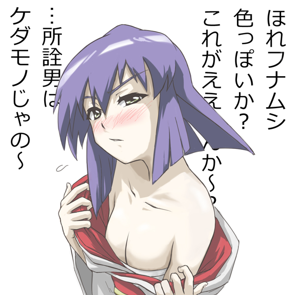 maki (seto no hanayome), seto no hanayome, translated, 00s, 1girl, bare shoulders, female focus, japanese clothes, kimono, open clothes, open kimono, purple hair, sarashi, solo