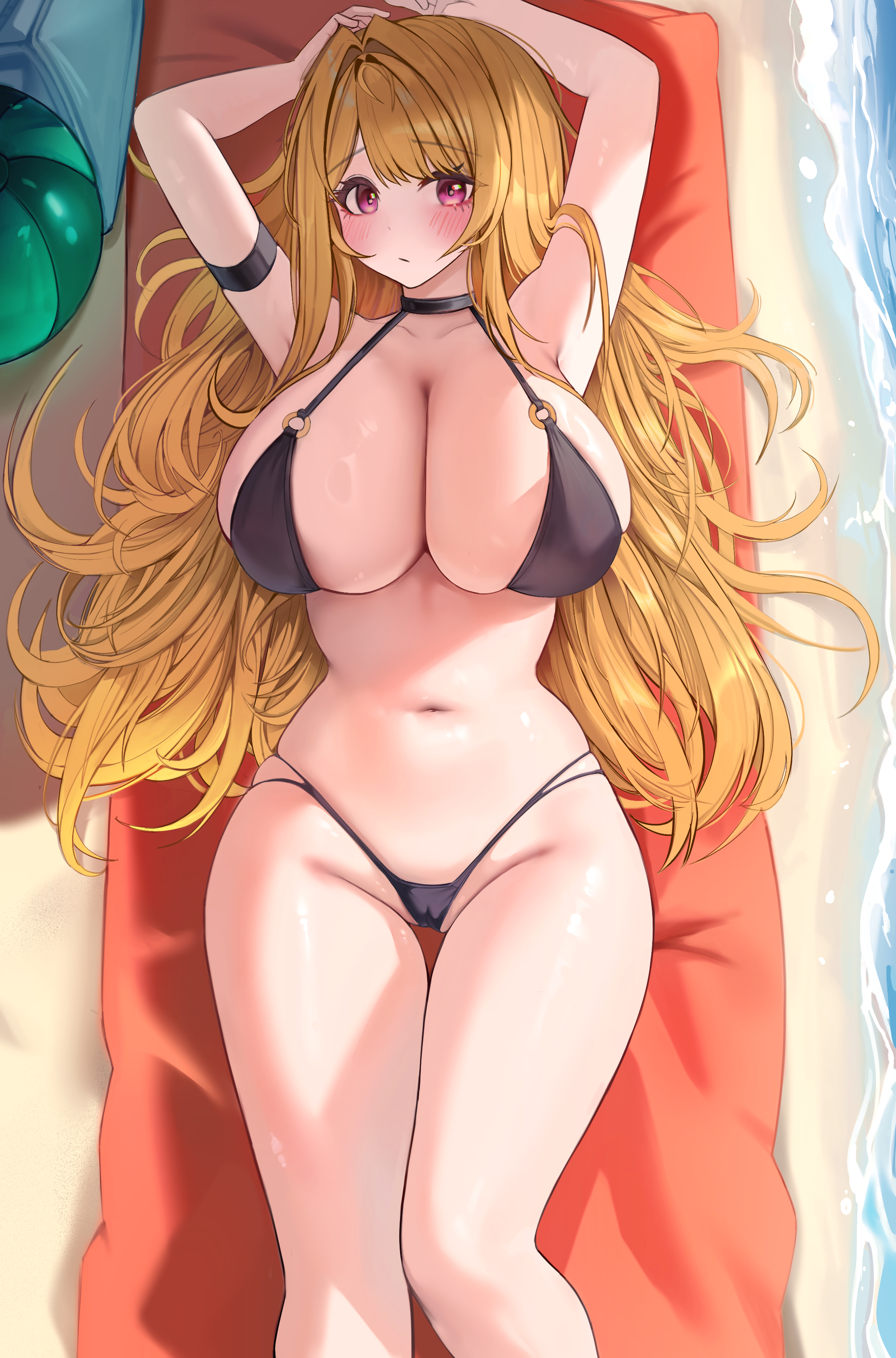 bryuni, absurdres, highres, 1girl, :/, arm strap, armpits, arms up, ball, bare shoulders, beach, beachball, bikini, black bikini, blonde hair, blush, breasts, cleavage, closed mouth, collarbone, cushion, from above, groin, hair intakes, hair spread out, large breasts, listella, long hair, looking at viewer, lying, navel, o-ring, o-ring top, ocean, on back, on cushion, outdoors, pink eyes, solo, stomach, string bikini, swimsuit, thighs, very long hair, virtual youtuber, yato (listella)