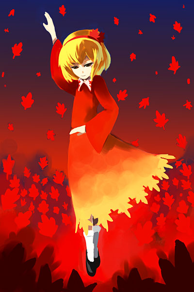 hirosato, aki shizuha, touhou, 1girl, blonde hair, dress, female focus, hair ornament, leaf, leaf hair ornament, leaf on head, object on head, orange eyes, red dress, short hair, solo