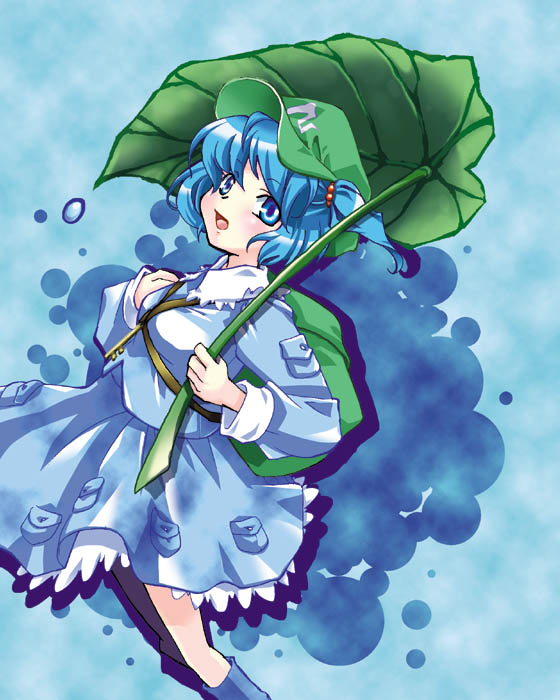 fifty, kawashiro nitori, touhou, 1girl, backpack, bag, blue eyes, blue hair, blue skirt, blue theme, female focus, hair bobbles, hair ornament, hat, key, leaf, long sleeves, looking at viewer, matching hair/eyes, simple background, skirt, smile, solo, two side up